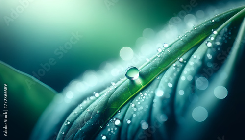Macro photography of a dewdrop on a green leaf, placed in the top right corner of the frame, with a shallow depth of field 