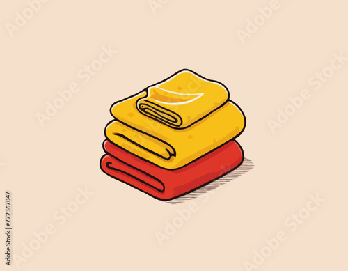 Red and yellow blankets or towels, vector flat illustration, isolated, cartoon

