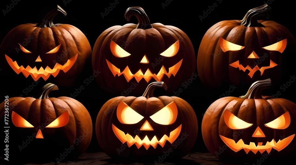 Illustration of glowing carved pumpkins with different evil faces in the dark at Halloween night. Generative AI Illustration of glowing carved pumpkins with different evil faces in the dark at Halloween night. Generative AI