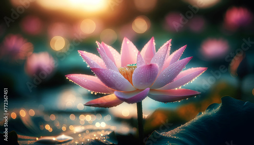 Close-up photograph of a lotus flower in a pond, with the focus on the water droplets on the petals, against a softly blurred background