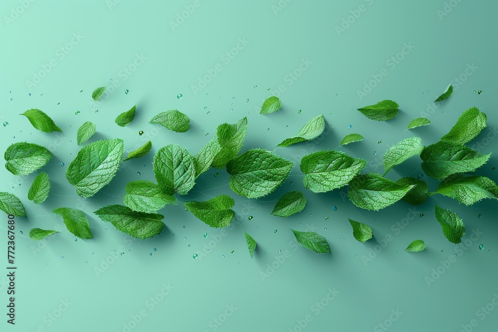 An element for fresheners and cleaners giving a menthol aroma. Air flow from mint leaves. Modern illustration. - obrazy, fototapety, plakaty 
