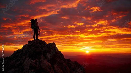 Lone Backpacker Silhouetted Against Fiery Sunset on Remote Mountain Ridge  Contemplative Journey