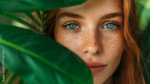 Portrait of a red-haired woman with freckles peeking through vibrant green leaves, blue eyes, connection with nature
