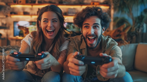 Excited friends playing video games over console at home. Enthusiastic friends gather at home, engrossed in multiplayer video games on a console, radiating joy and camaraderie