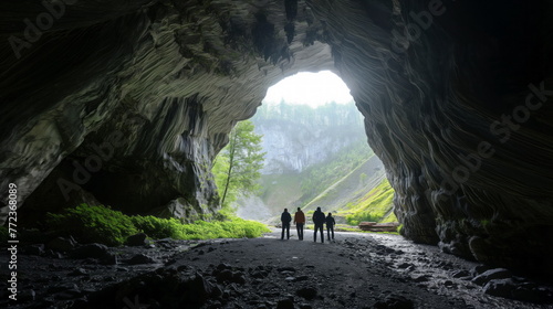 Group of people walk towards the light at the mouth of a large cave