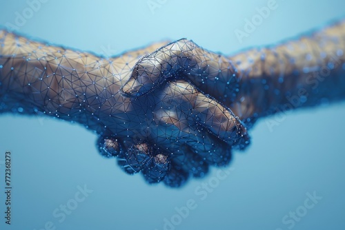 The hands of two brothers shake. Abstract illustration isolated on a blue background. Low poly wire frame. The plexus lines and points appear in silhouette. A hi-tech 3D image. © Diana