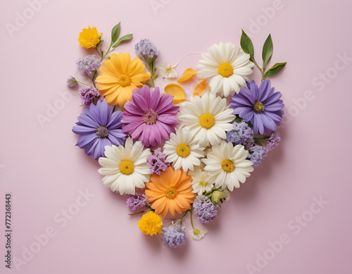 Delightful heart-shaped arrangement of multicolored flowers placed on a pink surface symbolizing love and affection. Floral love pattern. Flat lay. Copy space
