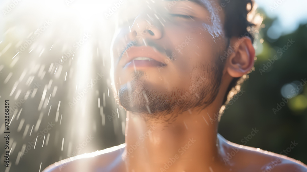 Close up young man with sweat on hot sunny day , shower and washing against sunset.