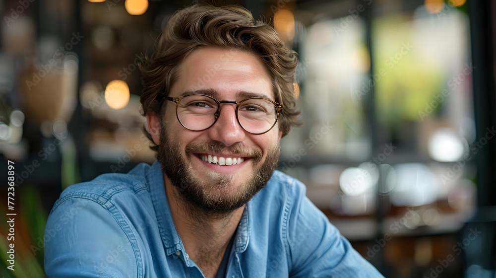 Smiling young man wearing glasses in a casual blue shirt. Friendly, approachable portrait with upbeat style. Ideal for advertising, marketing, and web use. AI Smiling young man wearing glasses in a casual blue shirt. Friendly, approachable portrait with upbeat style. Ideal for advertising, marketing, and web use. AI