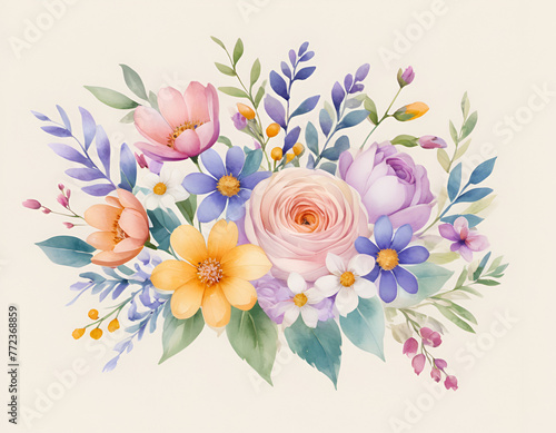 Soft-hued illustration of a symmetric floral arrangement with a variety of flowers
