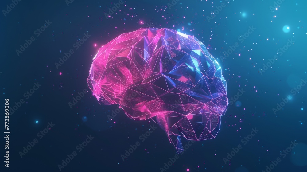 Low poly brain graphic with futuristic element showing medical neurology or brain analysis - obrazy, fototapety, plakaty 