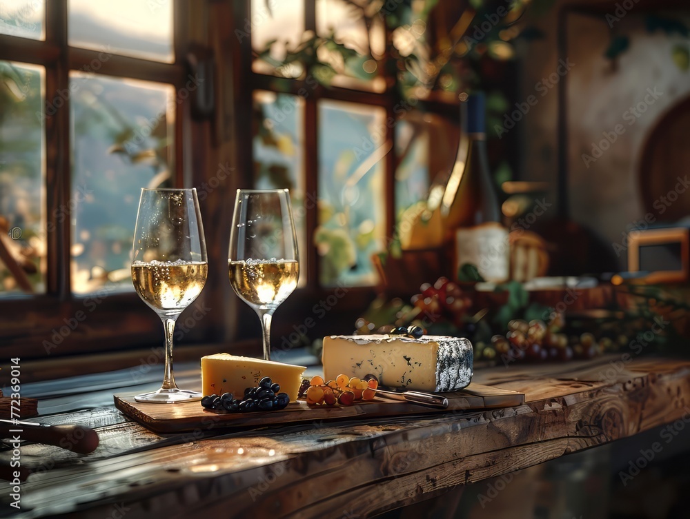 A table with a cheese board and two wine glasses. The cheese board has a variety of cheeses and fruits. Scene is relaxed and inviting, perfect for a cozy evening at home