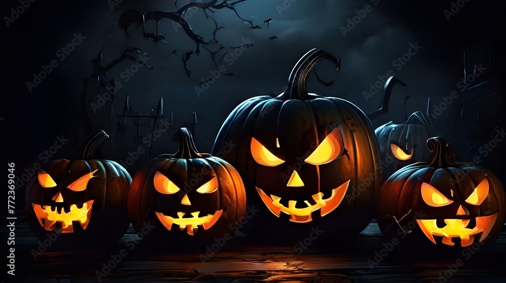 Illustration of glowing carved pumpkins with different evil faces in the dark at Halloween night. Generative AI Illustration of glowing carved pumpkins with different evil faces in the dark at Halloween night. Generative AI