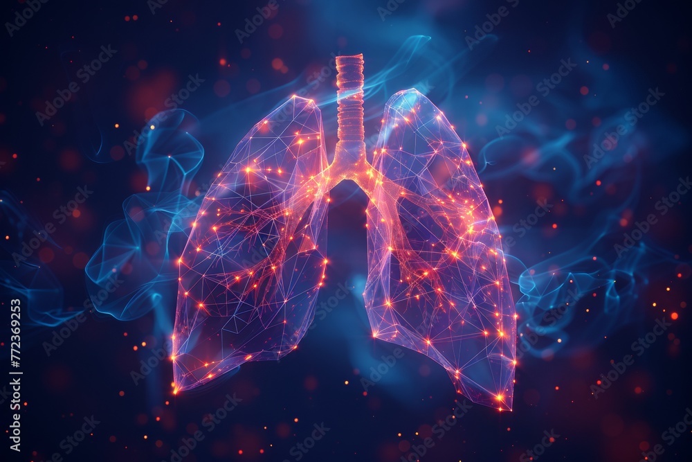 A low poly wireframe illustration of pulmonology and lung diseases. Abstract polygonal design isolated on a blue background. - obrazy, fototapety, plakaty 