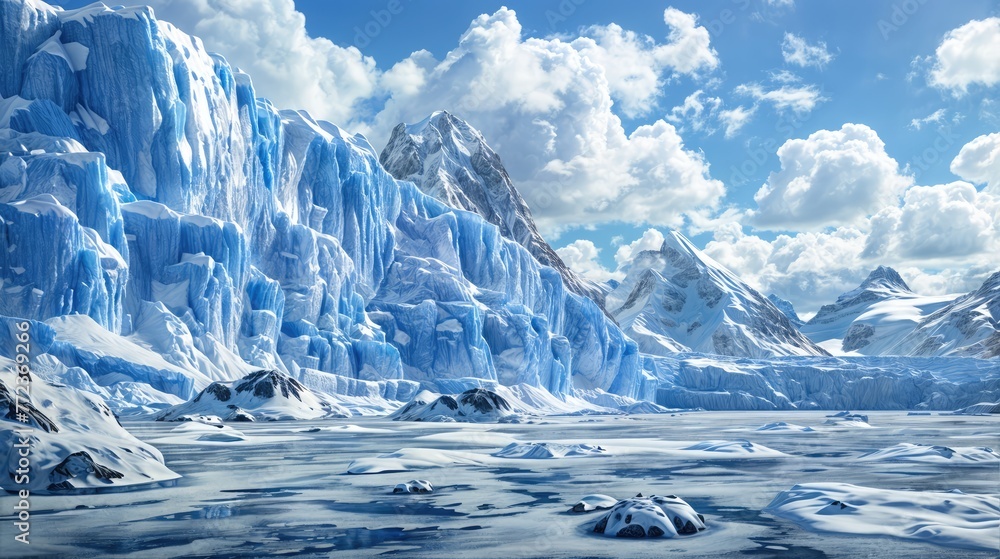 A massive glacier looms over a frozen lake, with jagged peaks and massive ice format A massive glacier looms over a frozen lake, with jagged peaks and massive ice format