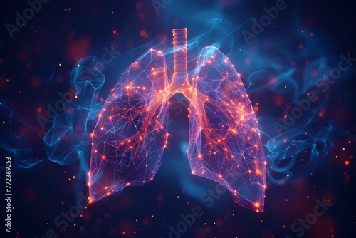 A low poly wireframe illustration of pulmonology and lung diseases. Abstract polygonal design isolated on a blue background. photo