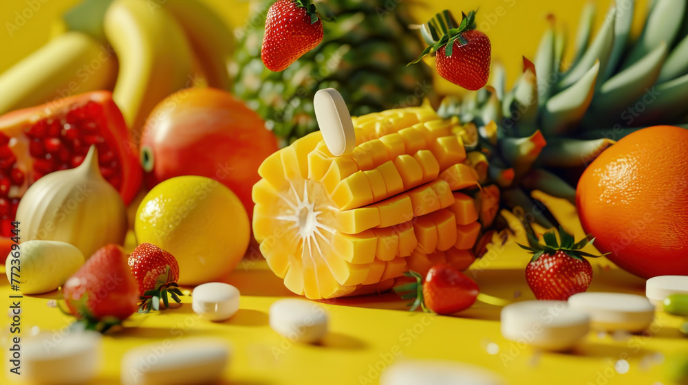 Obraz premium Assorted fruits and vegetables with pills on yellow background, concept of health and nutrition