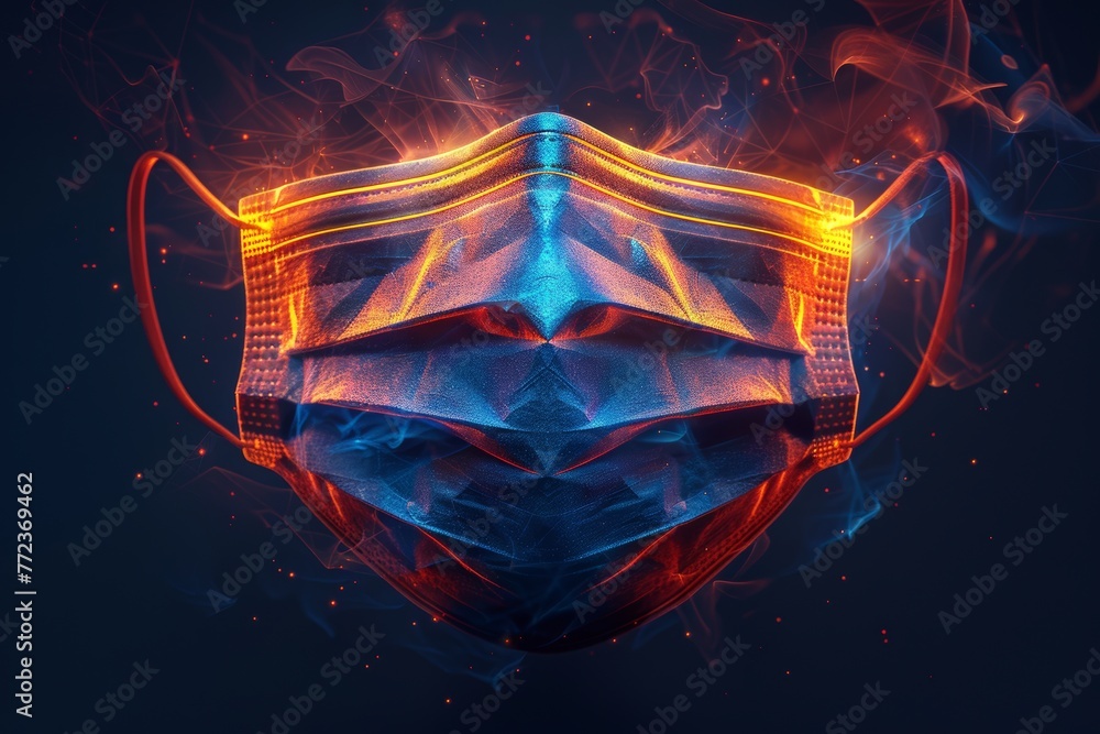 Mask to protect against viruses, bacteria, and smog. Symbol of flu protection. Polygonal abstract isolated on blue background. Modern illustration. - obrazy, fototapety, plakaty 