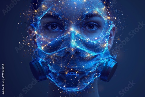 Symbol of protection against the flu. Low poly wireframe mask. Protects against viruses, bacteria, and smog. Polygonal abstract isolated on blue background. Modern illustration. photo