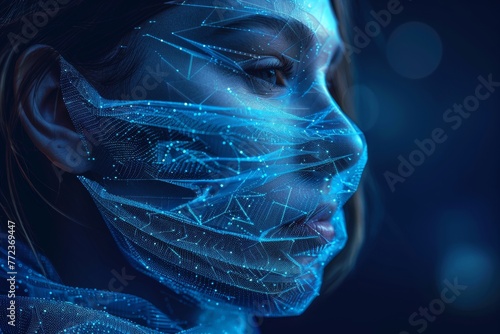 An abstract polygonal abstract isolated on blue background represents protection from viruses, bacteria, and smog. Low poly wireframe style with a protective face mask. Low poly wireframe style with photo