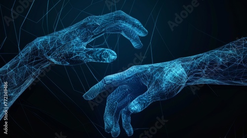 The hands of two blue wireframes are reaching out to each other