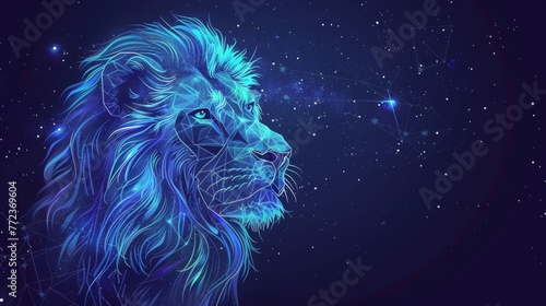 An illustration of a polygon lion with the leo horoscope sign in the twelve zodiac signs on a galaxy stars background.