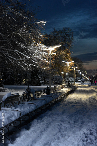 A winter and night city with people, benches, houses, buildings, white snow, bare trees, lanterns are located along the Dnipro River.
