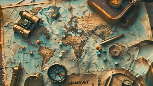 Vintage navigational tools on old world map. Flat lay composition with copy space. photo