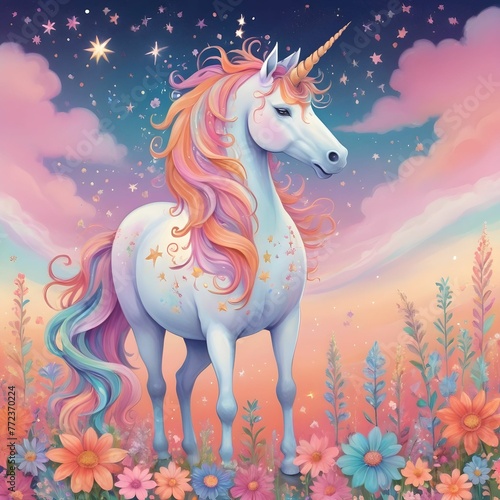 horse unicorn with scattered star dreamy illustration 