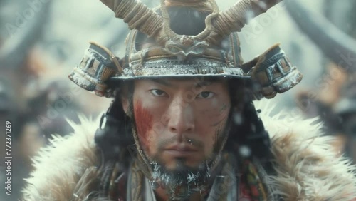 A man wearing a samurai helmet and fur coat stands in front of a group of people 4K motion photo