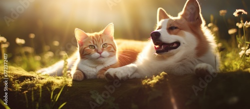 A carnivore dog and a companion cat lay together, happy in the grass