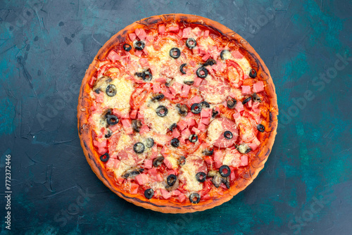 top view baked delicious pizza with olives sausages and cheese on blue background pizza food meal fast food cheese