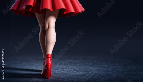 Red shoes. Women's legs. Walking woman in red. Fashion banner. Copy space