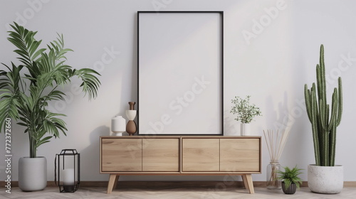 Mock up poster frame on cabinet in interior, contemporary living room featuring a lush plant and a sleek picture frame on the wall