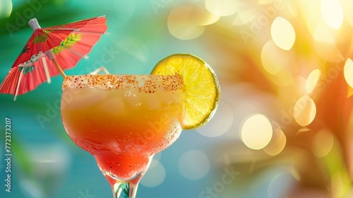 A drink with a red umbrella and a lime slice in it