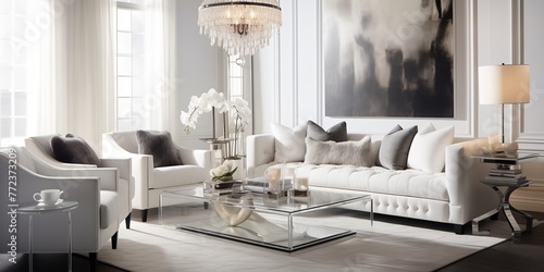 Transitional charm meets contemporary chic in a space adorned with plush textures and accents of white  creating an inviting atmosphere.