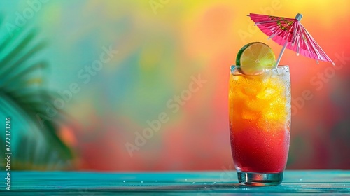 A glass of mixed drink with a pink umbrella on top. The drink is served on a table with a blue background