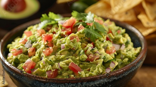 A bowl of guacamole with tomatoes and onions. The bowl is on a wooden table