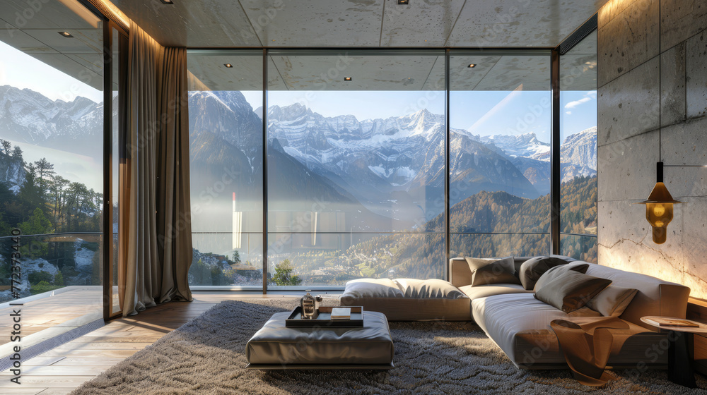 Fototapeta premium A tranquil bedroom retreat encased in glass walls, offering an immersive experience in a mountainous setting, complete with a cozy fireplace.