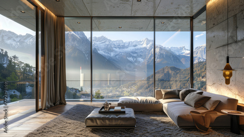 A tranquil bedroom retreat encased in glass walls, offering an immersive experience in a mountainous setting, complete with a cozy fireplace. © bajita111122