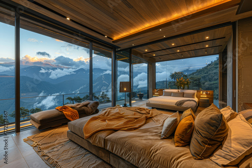 A tranquil bedroom retreat encased in glass walls, offering an immersive experience in a mountainous setting, complete with a cozy fireplace.