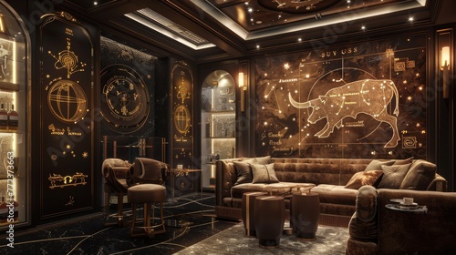 A luxurious lounge adorned with Taurus motifs  where comfort and sensory pleasure meet. 
