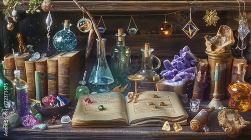 Mystical alchemy workspace featuring old books  various glass bottles  crystals  and an open spell book