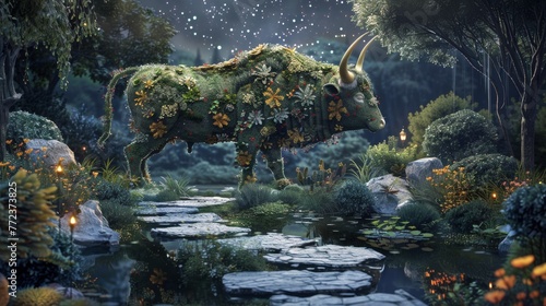 A mystical garden at twilight, embodying the serene beauty of the Taurus zodiac sign. In the center