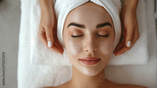 Tranquil young woman enjoys a calming face massage  adorned with a head wrap and facial cream
