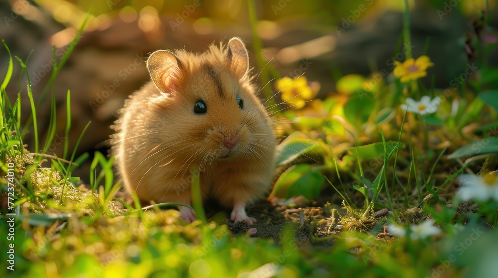 Enchanting Golden Hamster Exploring Lush Green Outdoors in Sunlight Enchanting Golden Hamster Exploring Lush Green Outdoors in Sunlight