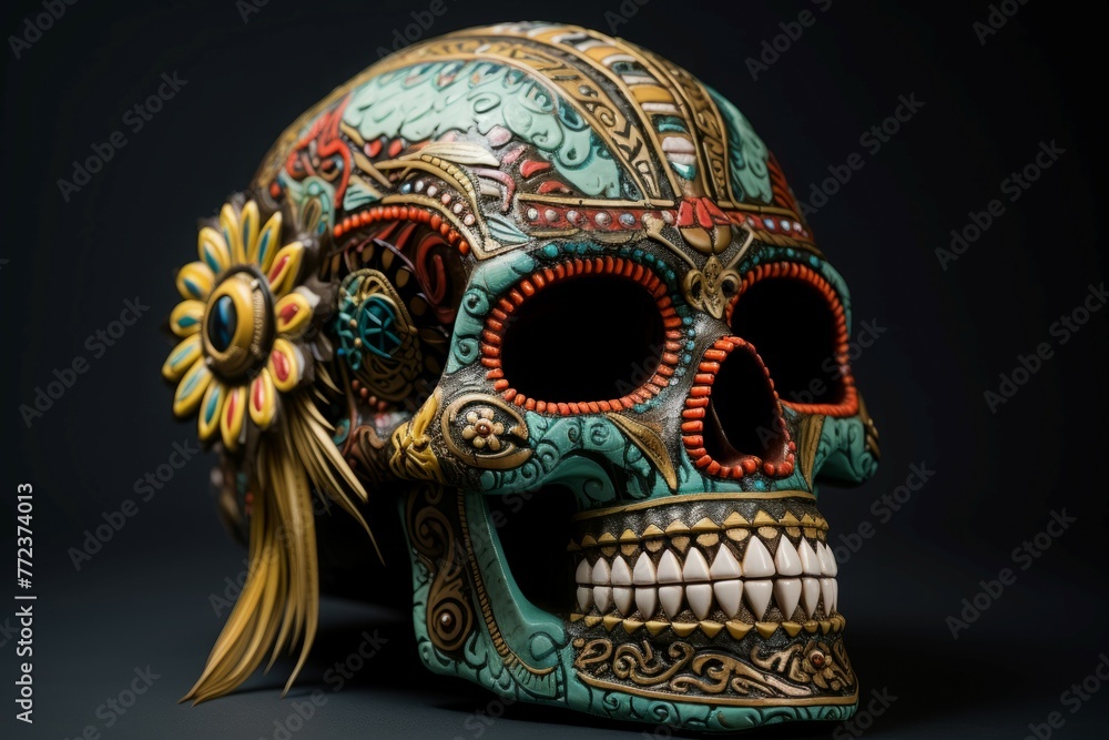 Fototapeta premium Eerie Red flower dead skull. Mexican holiday. Generate Ai