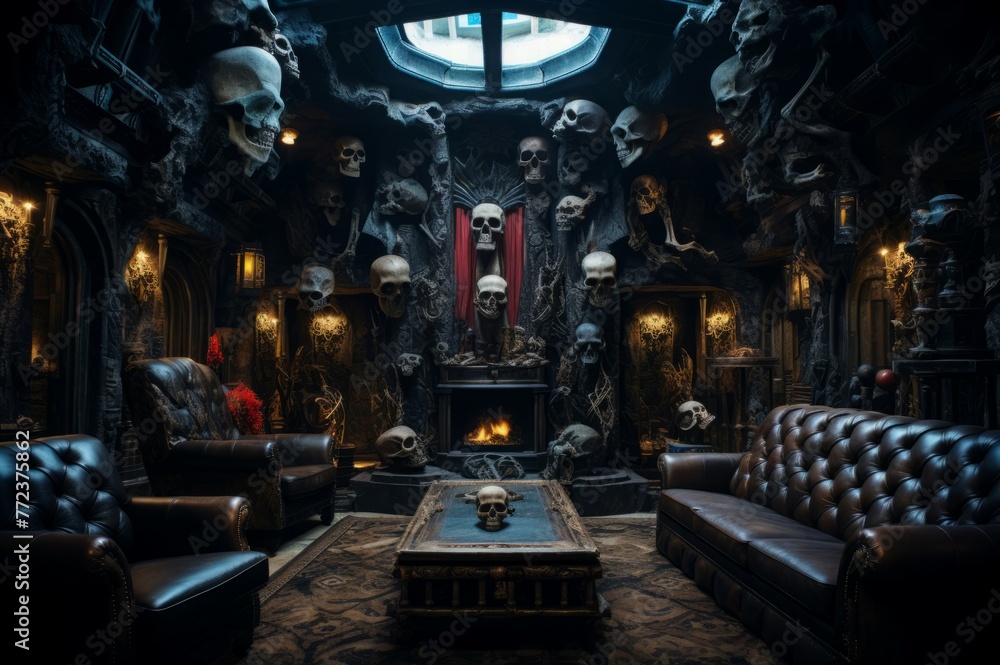 Eclectic Skull man cave. Man stone ancient. Generate Ai