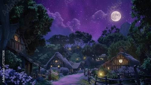 Enchanting Nighttime Village Scene with Starry Sky and Moonlight