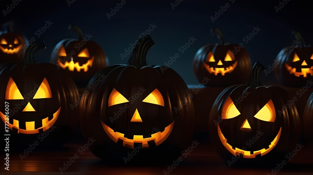 Illustration of glowing carved pumpkins with different evil faces in the dark at Halloween night. Generative AI Illustration of glowing carved pumpkins with different evil faces in the dark at Halloween night. Generative AI